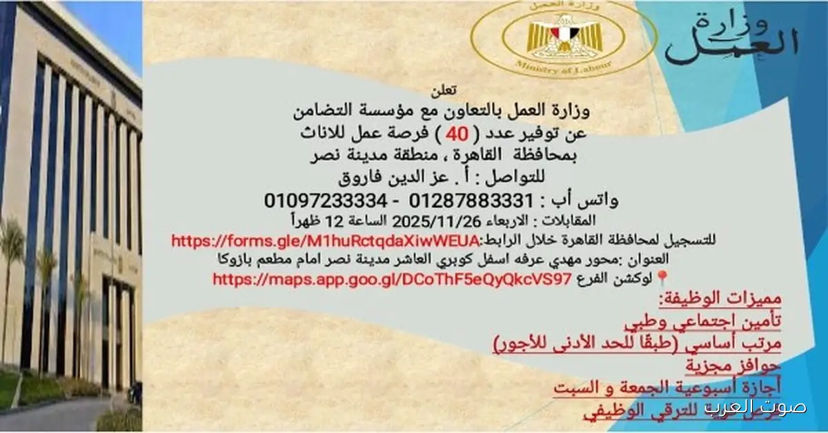 40 فرصة شغل للسيدات في القاهرة بالتعاون مع مؤسسة التضامن، والتقديم يوم الأربعاء