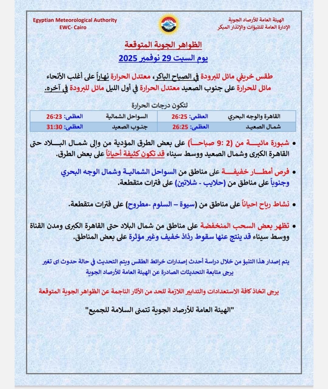 أخبار الطقس بكرة أجواء خريفية ومطر في بعض المحافظات