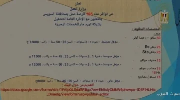العمل 185 وظيفة جديدة بشركة خدمات بحرية في السويس
