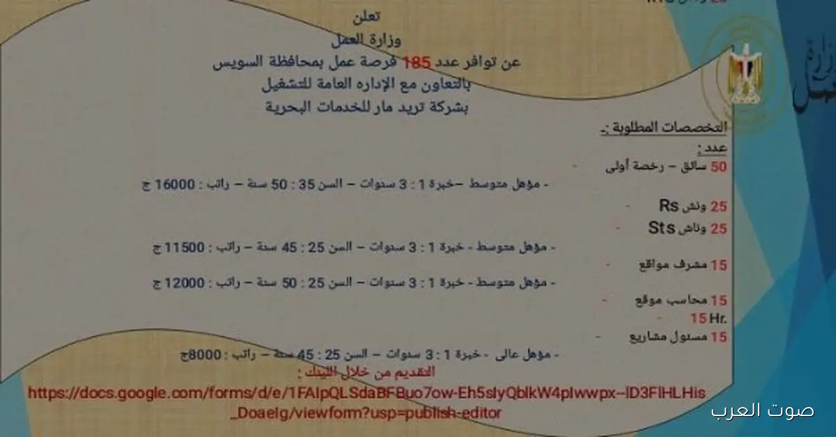 العمل: 185 وظيفة جديدة بشركة خدمات بحرية في السويس