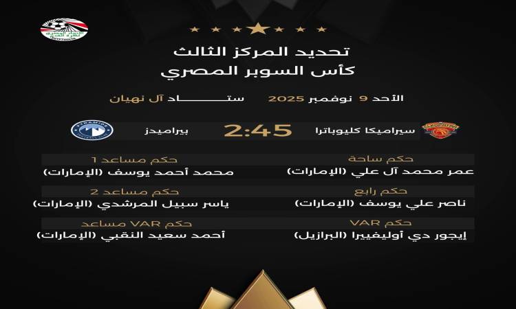 طاقم تحكيم مباراة بيراميدز وسيراميكا كليوباترا