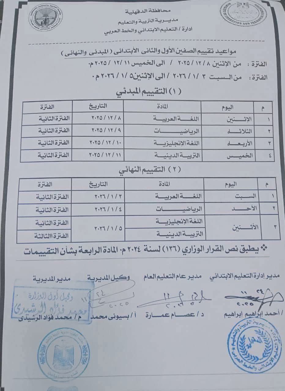 التقييم الأول للصفين الأول والثاني الابتدائي هيبدأ يوم الإثنين الجاي