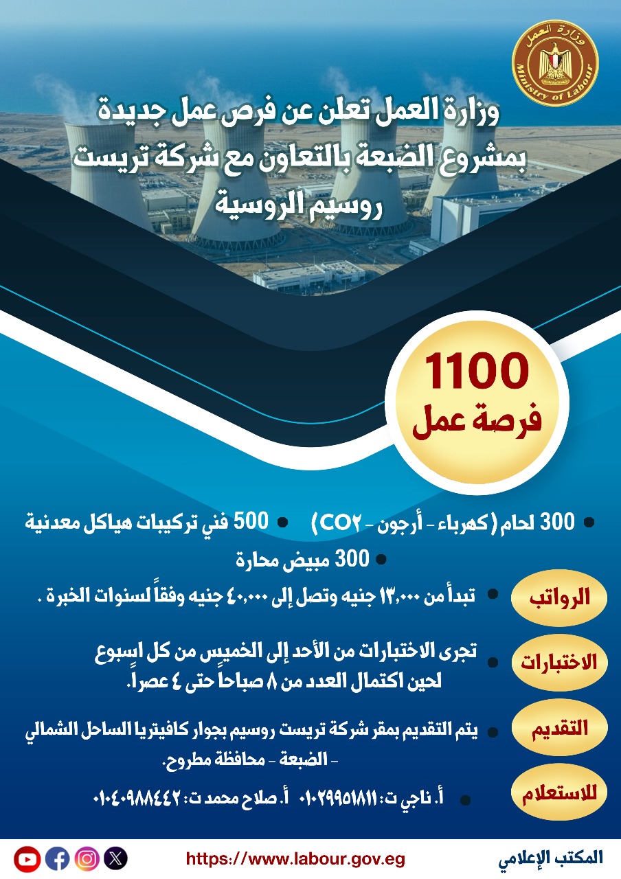 فرص عمل جديدة في مشروع الضبعة براتب يوصل لـ 40