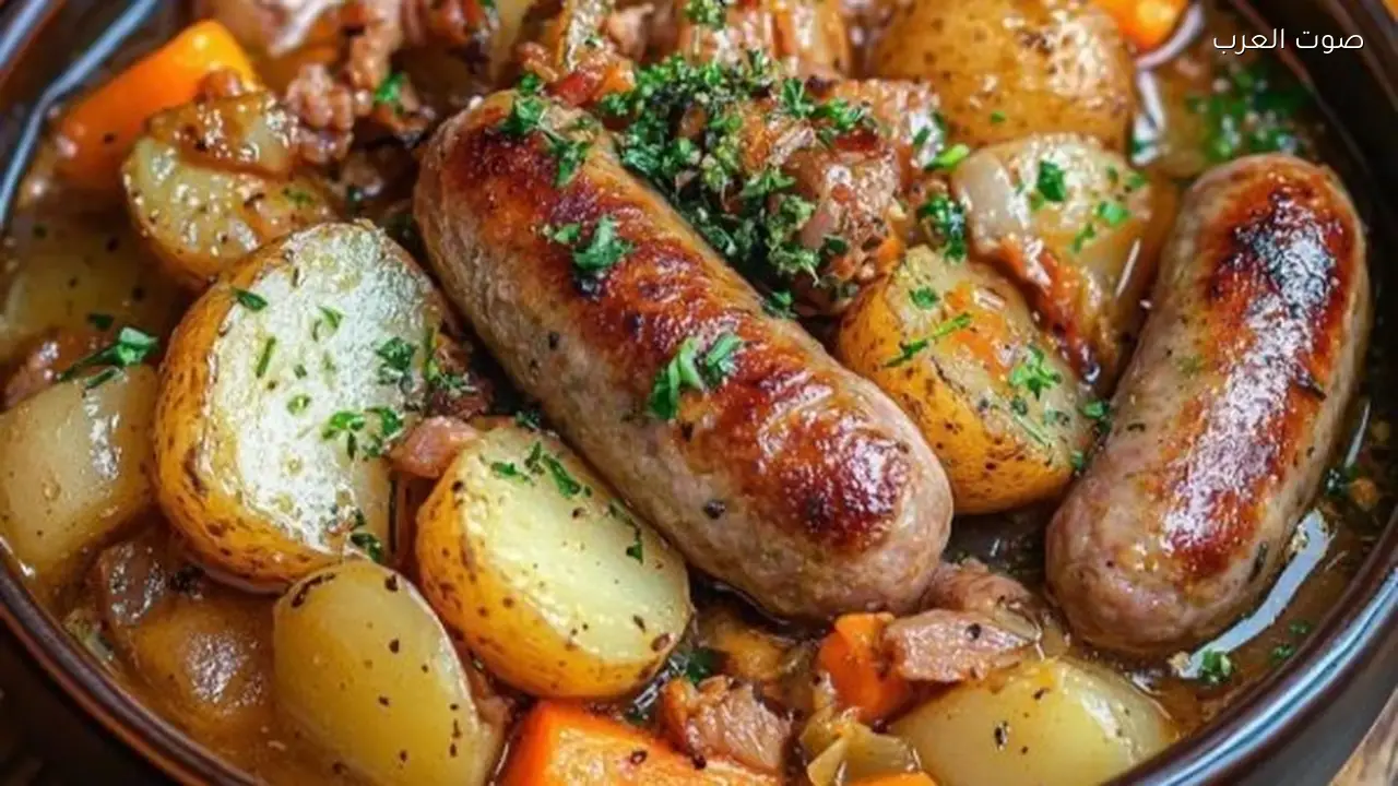 طاجن سجق بالبطاطس والجزر بنكهة محلية