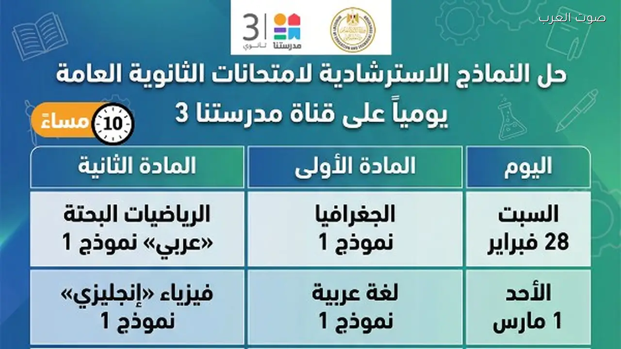 مواعيد عرض حل النماذج الاسترشادية لامتحانات الثانوية العامة على قناة مدرستا