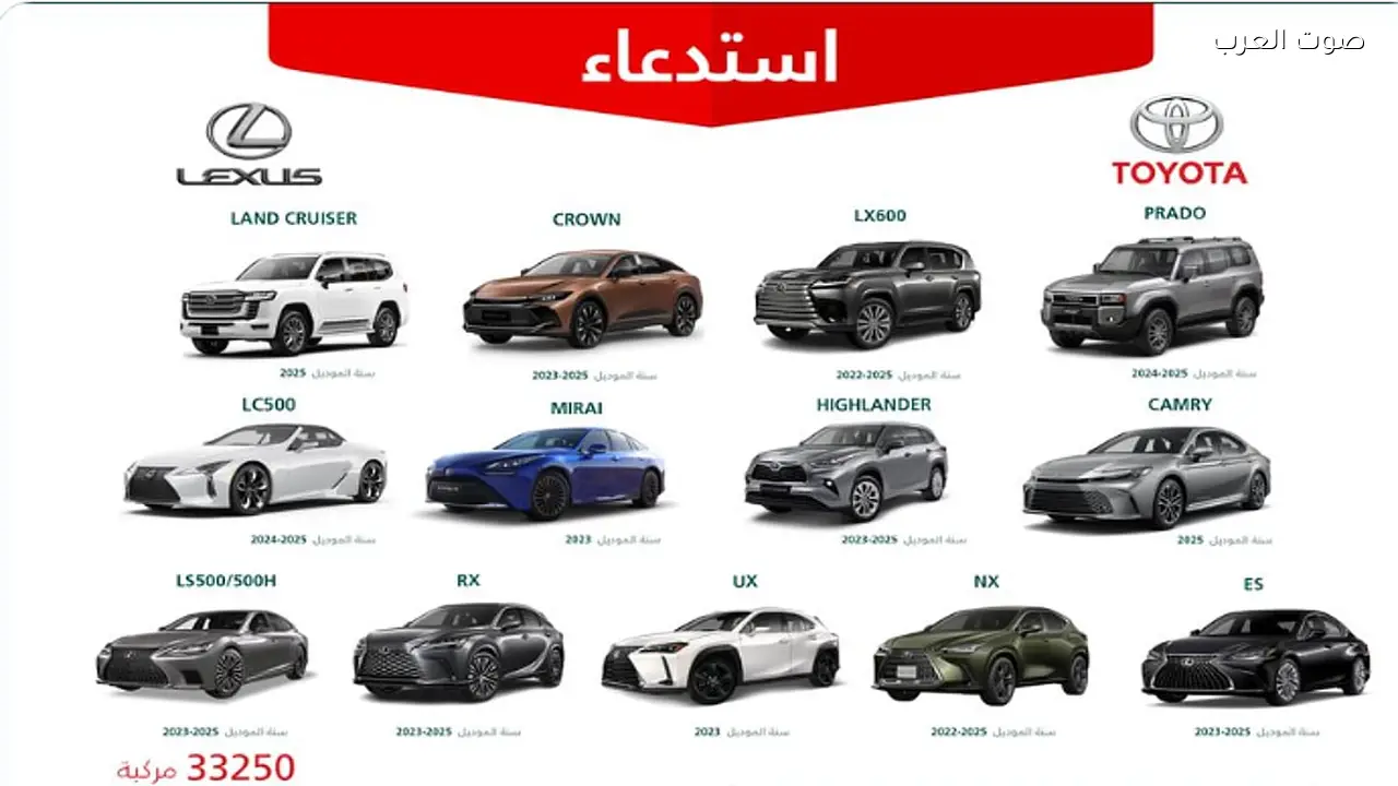 استدعاء 33 ألف مركبة تويوتا ولكزس بسبب خلل تقني