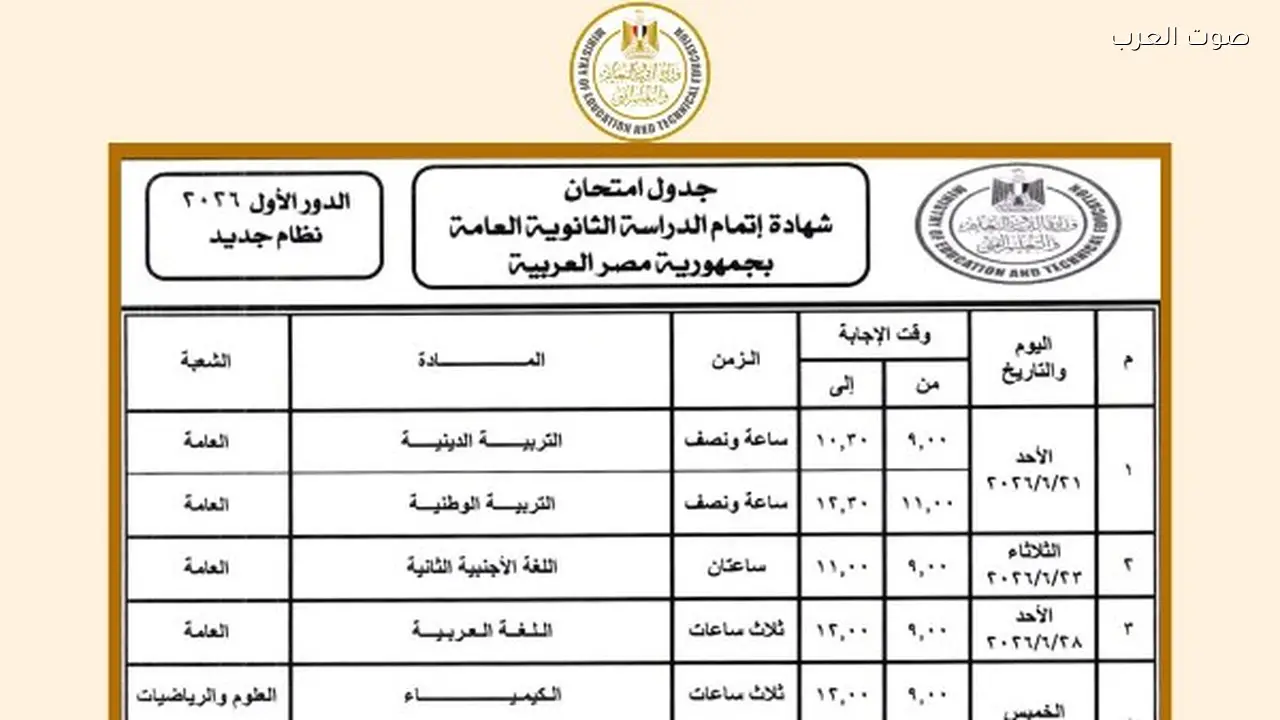 جدول امتحانات الثانوية العامة 2026 لطلاب العلمي والأدبي