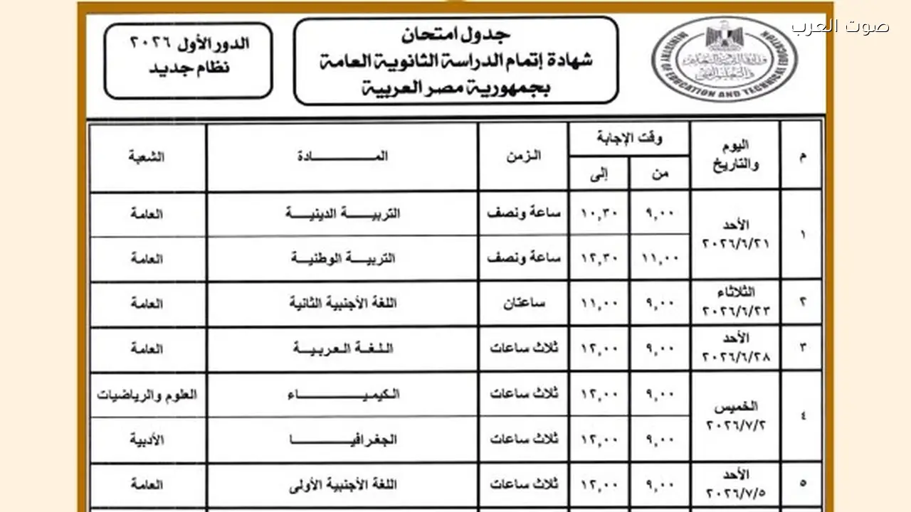 جدول امتحانات الثانوية العامة 2026 للنظام الجديد علمي وأدبي