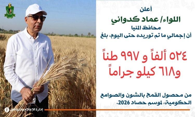 محافظ المنيا:توريد أكثرمن 524ألف طن قمح منذ بدء موسم الحصاد2026